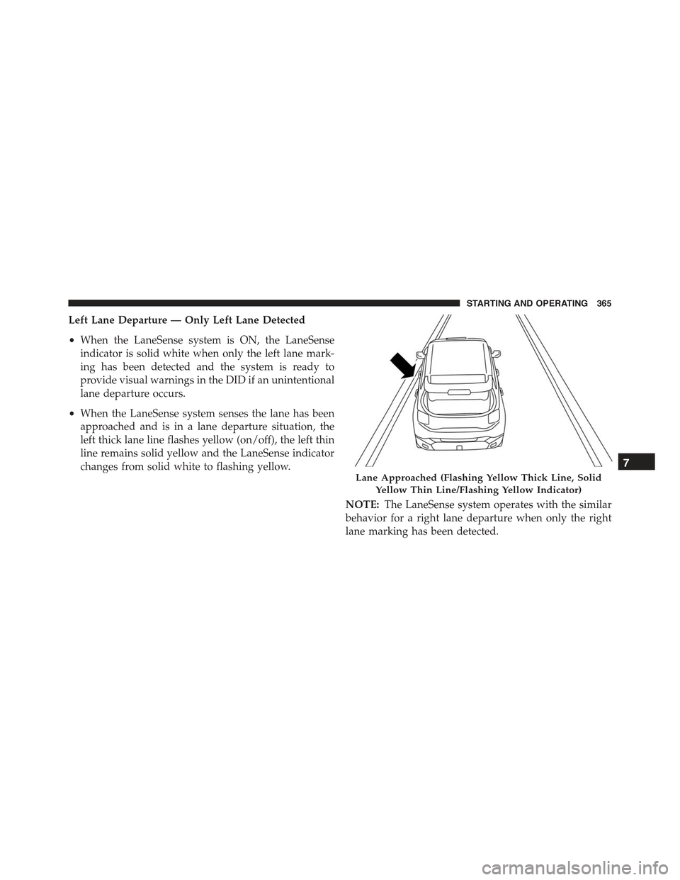 JEEP RENEGADE 2015 1.G Owners Manual Left Lane Departure — Only Left Lane Detected
•When the LaneSense system is ON, the LaneSense
indicator is solid white when only the left lane mark-
ing has been detected and the system is ready t