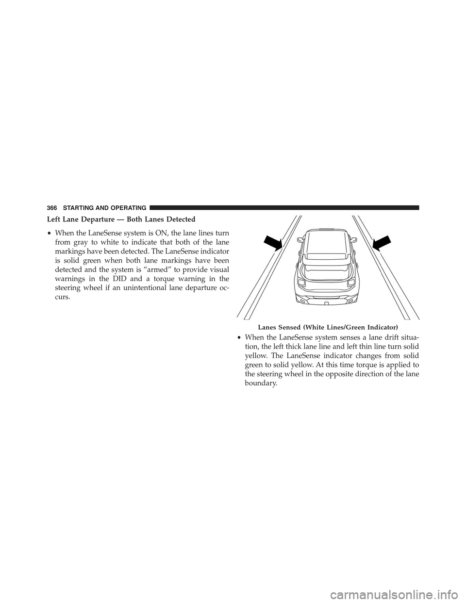 JEEP RENEGADE 2015 1.G Owners Manual Left Lane Departure — Both Lanes Detected
•When the LaneSense system is ON, the lane lines turn
from gray to white to indicate that both of the lane
markings have been detected. The LaneSense indi