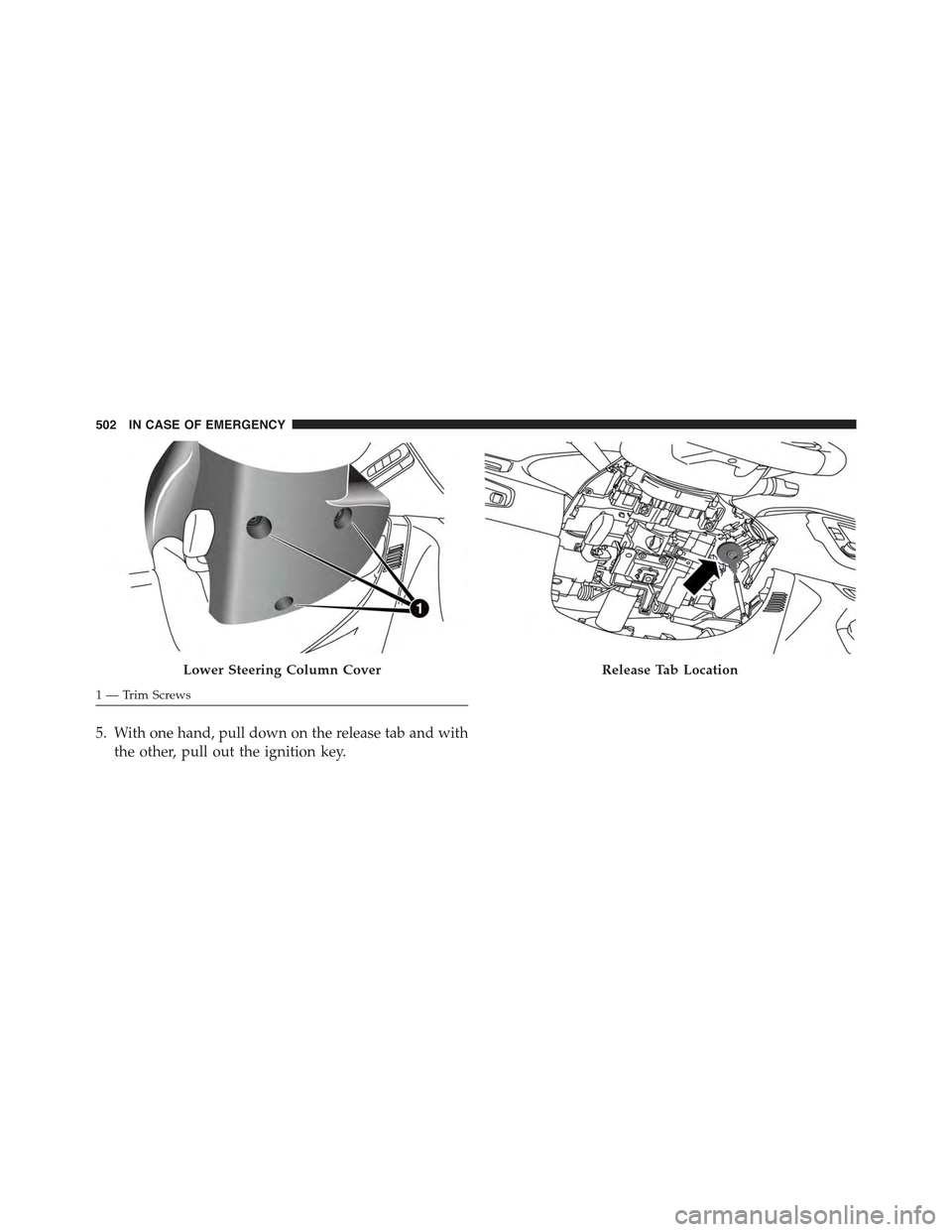JEEP RENEGADE 2015 1.G Owners Manual 5. With one hand, pull down on the release tab and with
the other, pull out the ignition key.
Lower Steering Column Cover
1 — Trim Screws
Release Tab Location
502 IN CASE OF EMERGENCY 