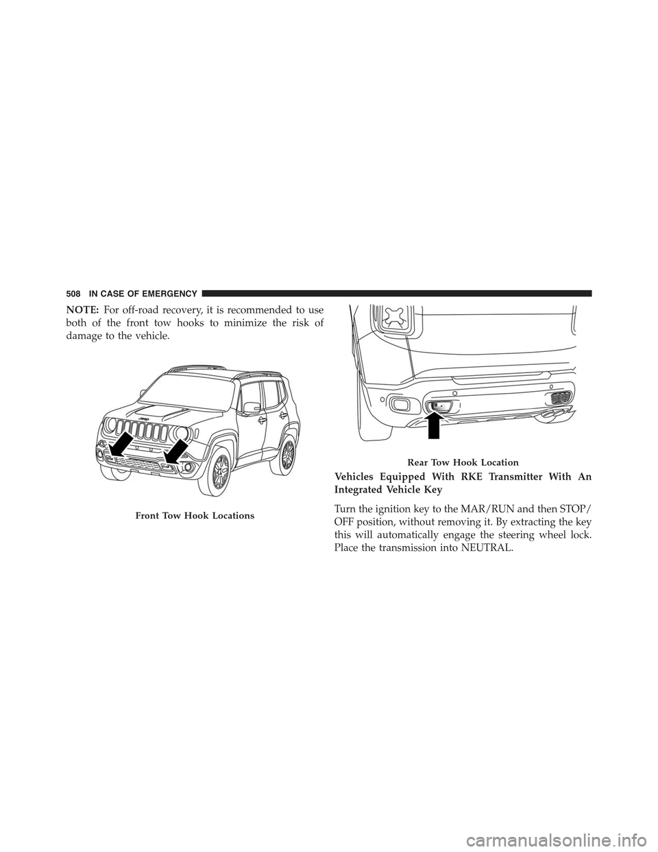 JEEP RENEGADE 2015 1.G Owners Manual NOTE:For off-road recovery, it is recommended to use
both of the front tow hooks to minimize the risk of
damage to the vehicle.
Vehicles Equipped With RKE Transmitter With An
Integrated Vehicle Key
Tu