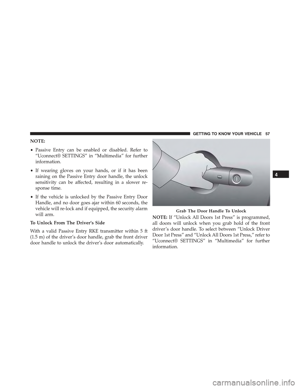 JEEP RENEGADE 2015 1.G Owners Manual NOTE:
•Passive Entry can be enabled or disabled. Refer to
“Uconnect® SETTINGS” in “Multimedia” for further
information.
•If wearing gloves on your hands, or if it has been
raining on the JEEP RENEGADE 2015 1.G Owners Manual NOTE:
•Passive Entry can be enabled or disabled. Refer to
“Uconnect® SETTINGS” in “Multimedia” for further
information.
•If wearing gloves on your hands, or if it has been
raining on the