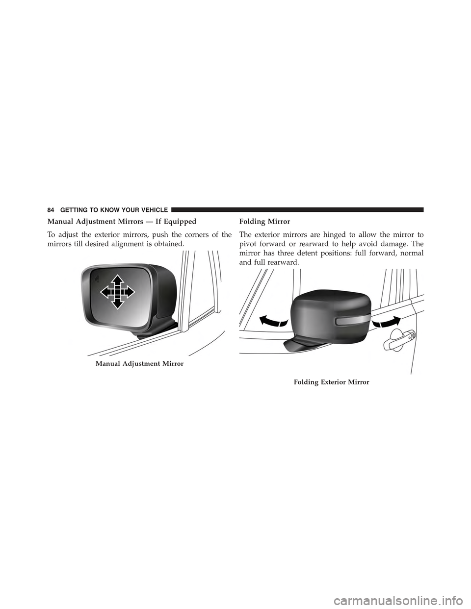 JEEP RENEGADE 2015 1.G Owners Manual Manual Adjustment Mirrors — If Equipped
To adjust the exterior mirrors, push the corners of the
mirrors till desired alignment is obtained.
Folding Mirror
The exterior mirrors are hinged to allow th