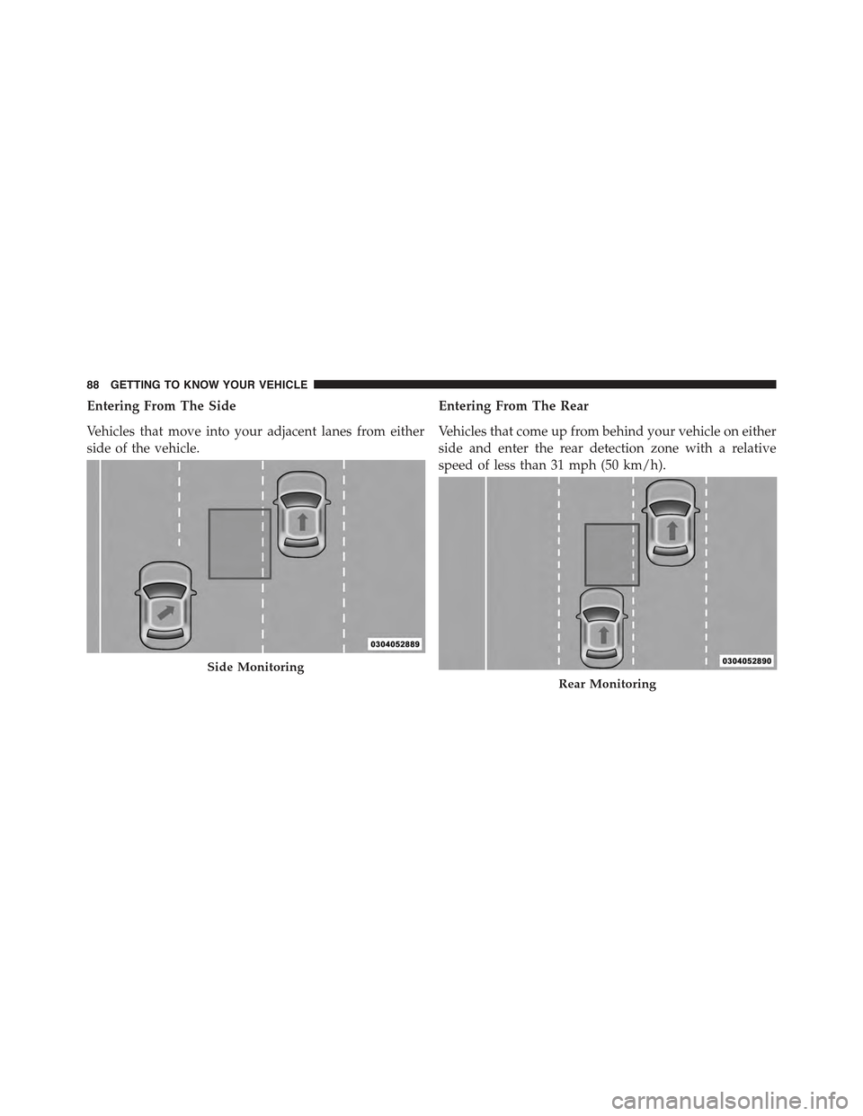 JEEP RENEGADE 2015 1.G Owners Manual Entering From The Side
Vehicles that move into your adjacent lanes from either
side of the vehicle.
Entering From The Rear
Vehicles that come up from behind your vehicle on either
side and enter the r