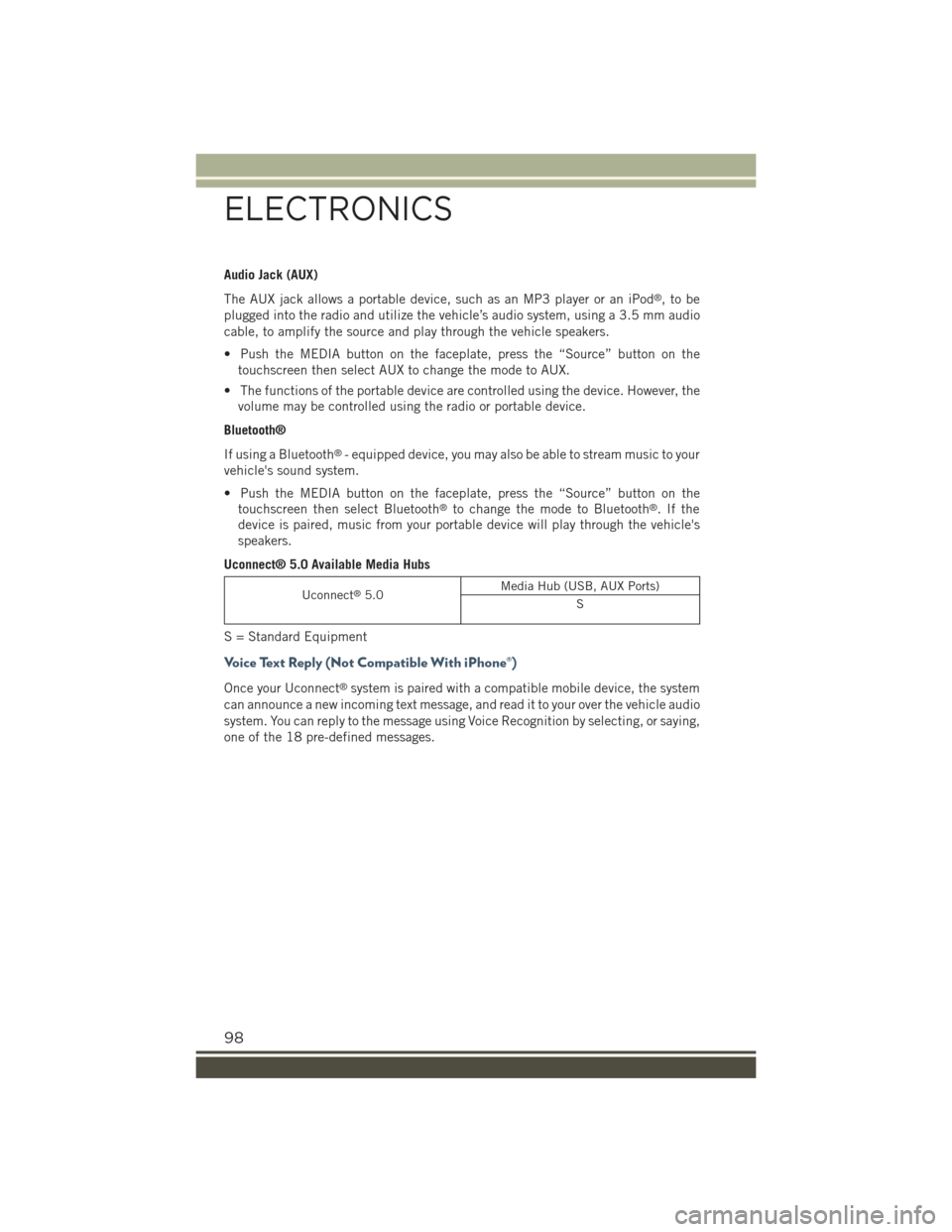 JEEP RENEGADE 2015 1.G User Guide Audio Jack (AUX)
The AUX jack allows a portable device, such as an MP3 player or an iPod®,tobe
plugged into the radio and utilize the vehicle’s audio system, using a 3.5 mm audio
cable, to amplify 