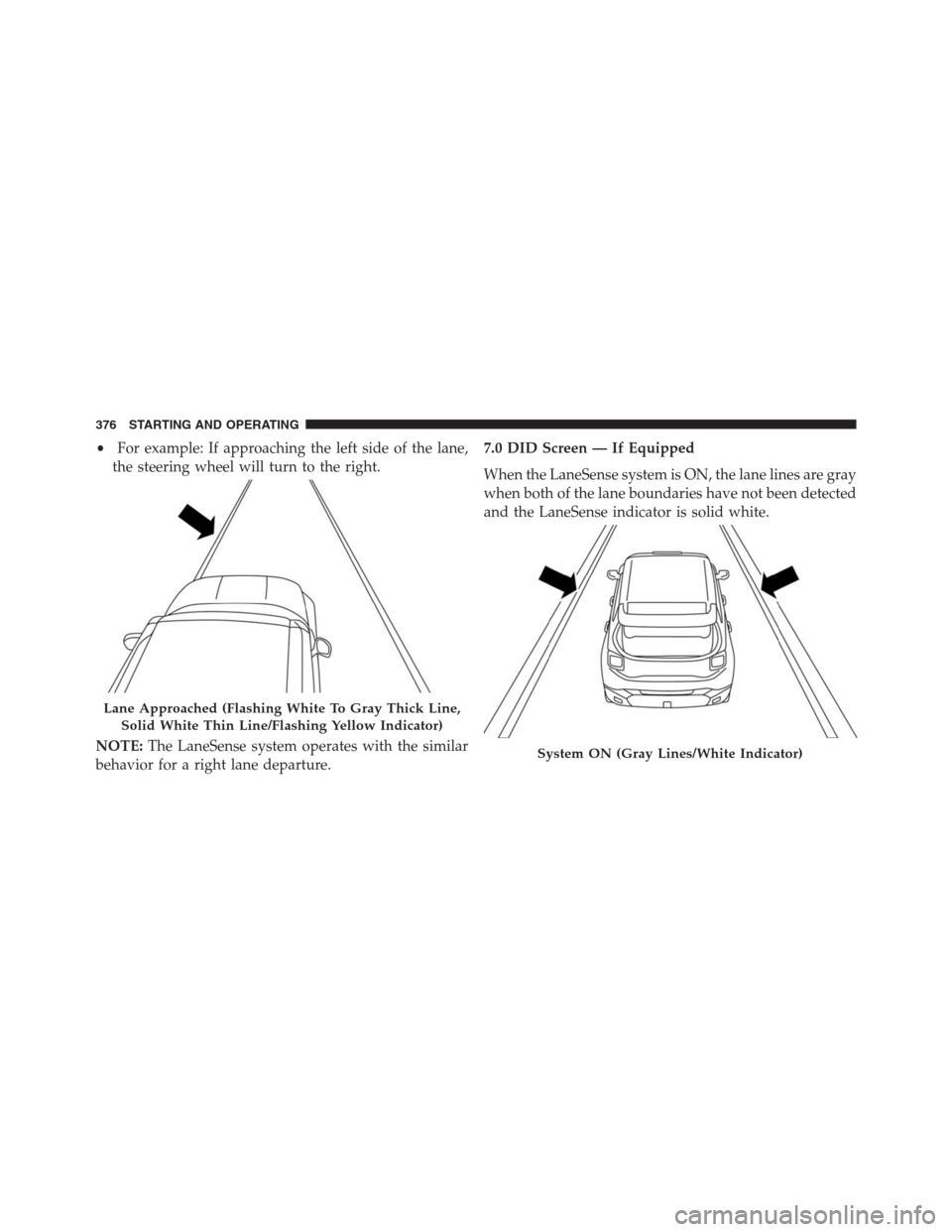 JEEP RENEGADE 2016 1.G Owners Manual •For example: If approaching the left side of the lane,
the steering wheel will turn to the right.
NOTE:The LaneSense system operates with the similar
behavior for a right lane departure.7.0 DID Scr