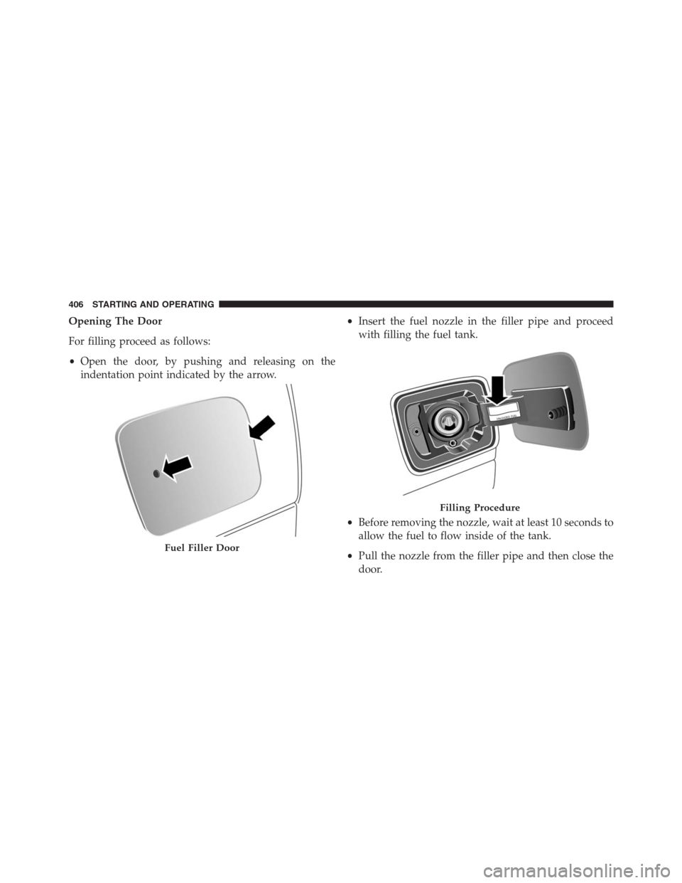 JEEP RENEGADE 2016 1.G Owners Manual Opening The Door
For filling proceed as follows:
•Open the door, by pushing and releasing on the
indentation point indicated by the arrow.•Insert the fuel nozzle in the filler pipe and proceed
wit