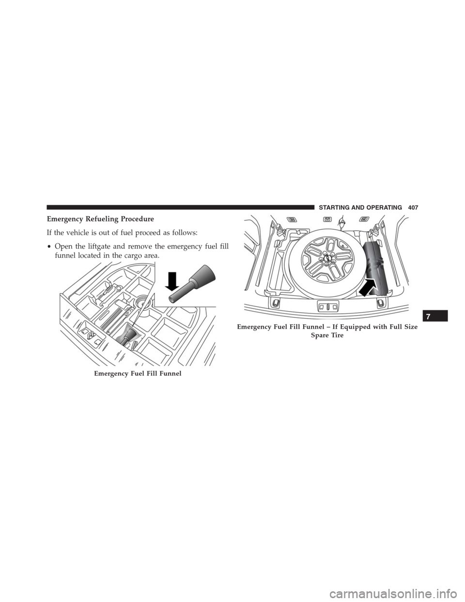JEEP RENEGADE 2016 1.G Owners Manual Emergency Refueling Procedure
If the vehicle is out of fuel proceed as follows:
•Open the liftgate and remove the emergency fuel fill
funnel located in the cargo area.
Emergency Fuel Fill Funnel
Eme