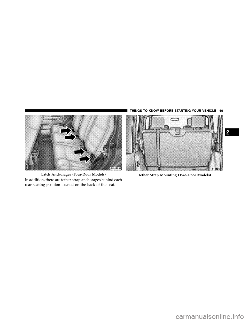 JEEP WRANGLER 2009 JK / 3.G Owners Manual In addition, there are tether strap anchorages behind each
rear seating position located on the back of the seat.
Latch Anchorages (Four-Door Models)Tether Strap Mounting (Two-Door Models)
2
THINGS TO