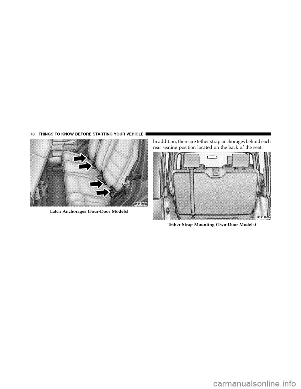 JEEP WRANGLER 2010 JK / 3.G Owners Manual In addition, there are tether strap anchorages behind each
rear seating position located on the back of the seat.
Latch Anchorages (Four-Door Models)
Tether Strap Mounting (Two-Door Models)
70 THINGS 