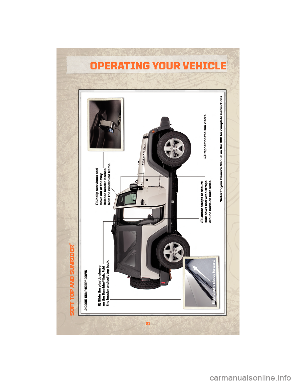 JEEP WRANGLER 2010 JK / 3.G User Guide SOFT TOP AND SUNRIDER
®
21
OPERATING YOUR VEHICLE 