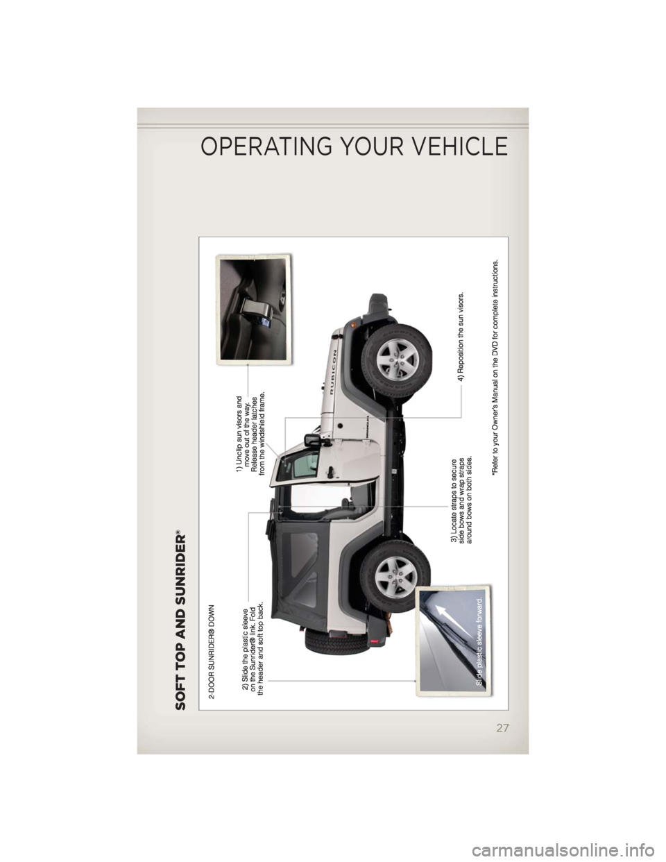 JEEP WRANGLER 2012 JK / 3.G User Guide SOFT TOP AND SUNRIDER®
OPERATING YOUR VEHICLE
27 