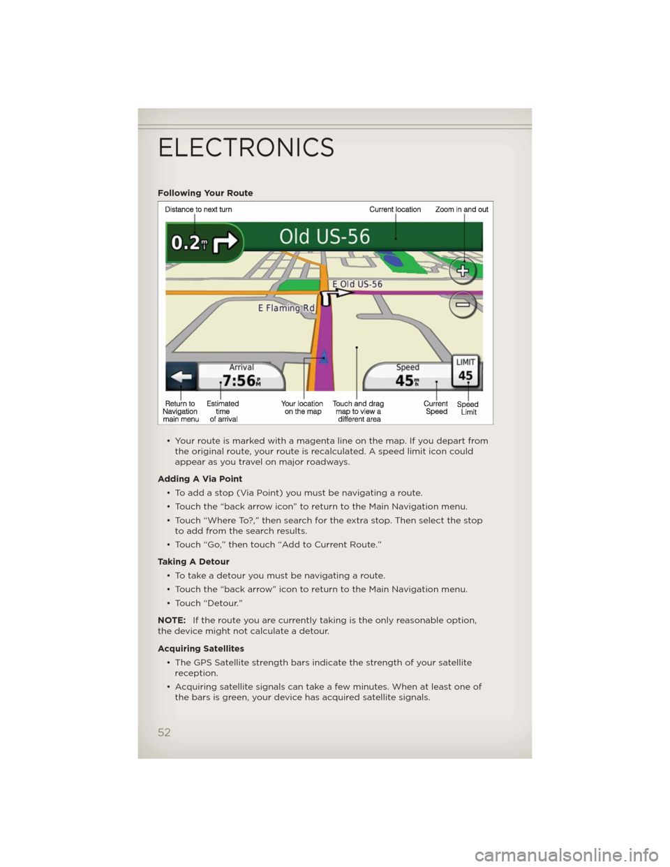 JEEP WRANGLER 2012 JK / 3.G User Guide Following Your Route
• Your route is marked with a magenta line on the map. If you depart from
the original route, your route is recalculated. A speed limit icon could
appear as you travel on major JEEP WRANGLER 2012 JK / 3.G User Guide Following Your Route
• Your route is marked with a magenta line on the map. If you depart from
the original route, your route is recalculated. A speed limit icon could
appear as you travel on major