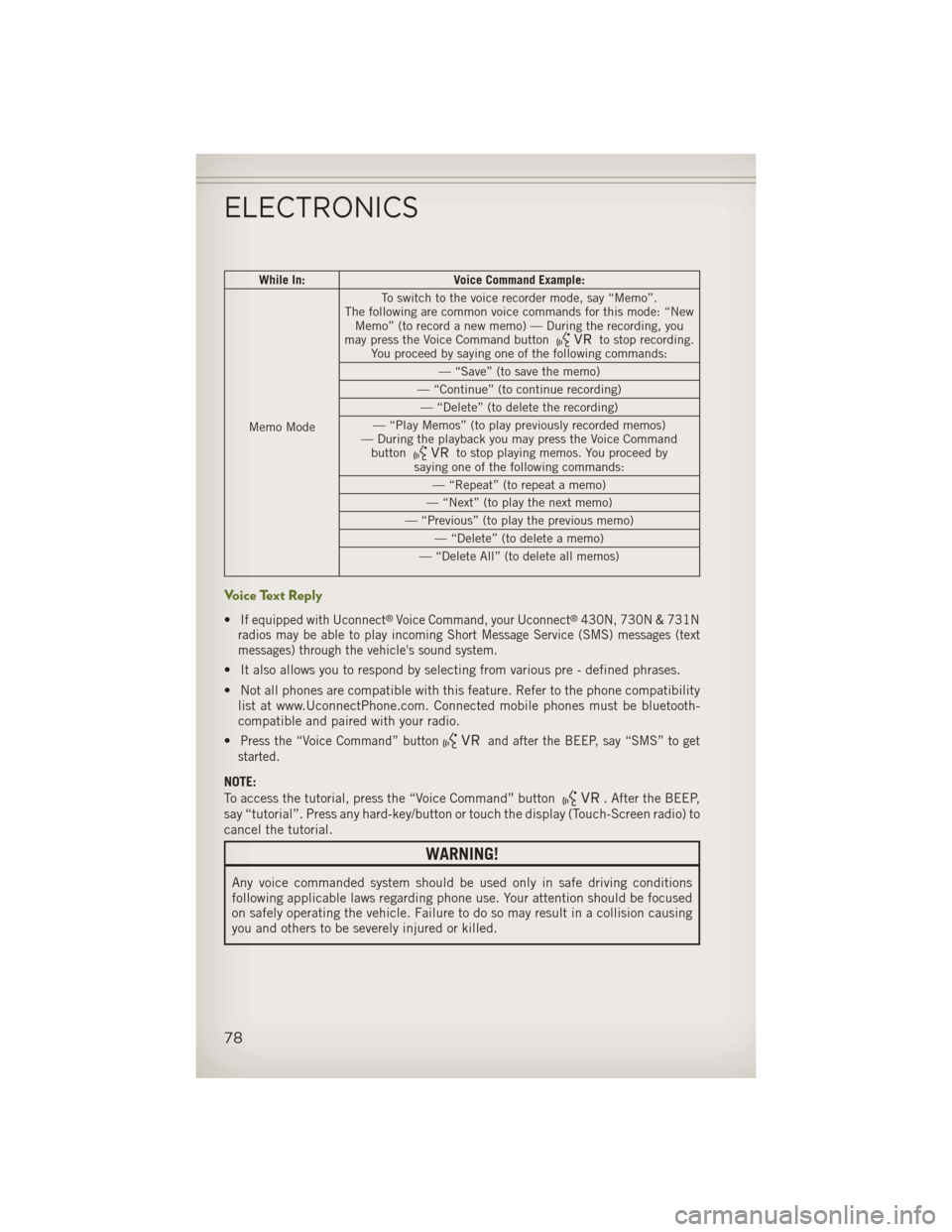 JEEP WRANGLER 2013 JK / 3.G User Guide While In:Voice Command Example:
Memo Mode To switch to the voice recorder mode, say “Memo”.
The following are common voice commands for this mode: “New Memo” (to record a new memo) — During 