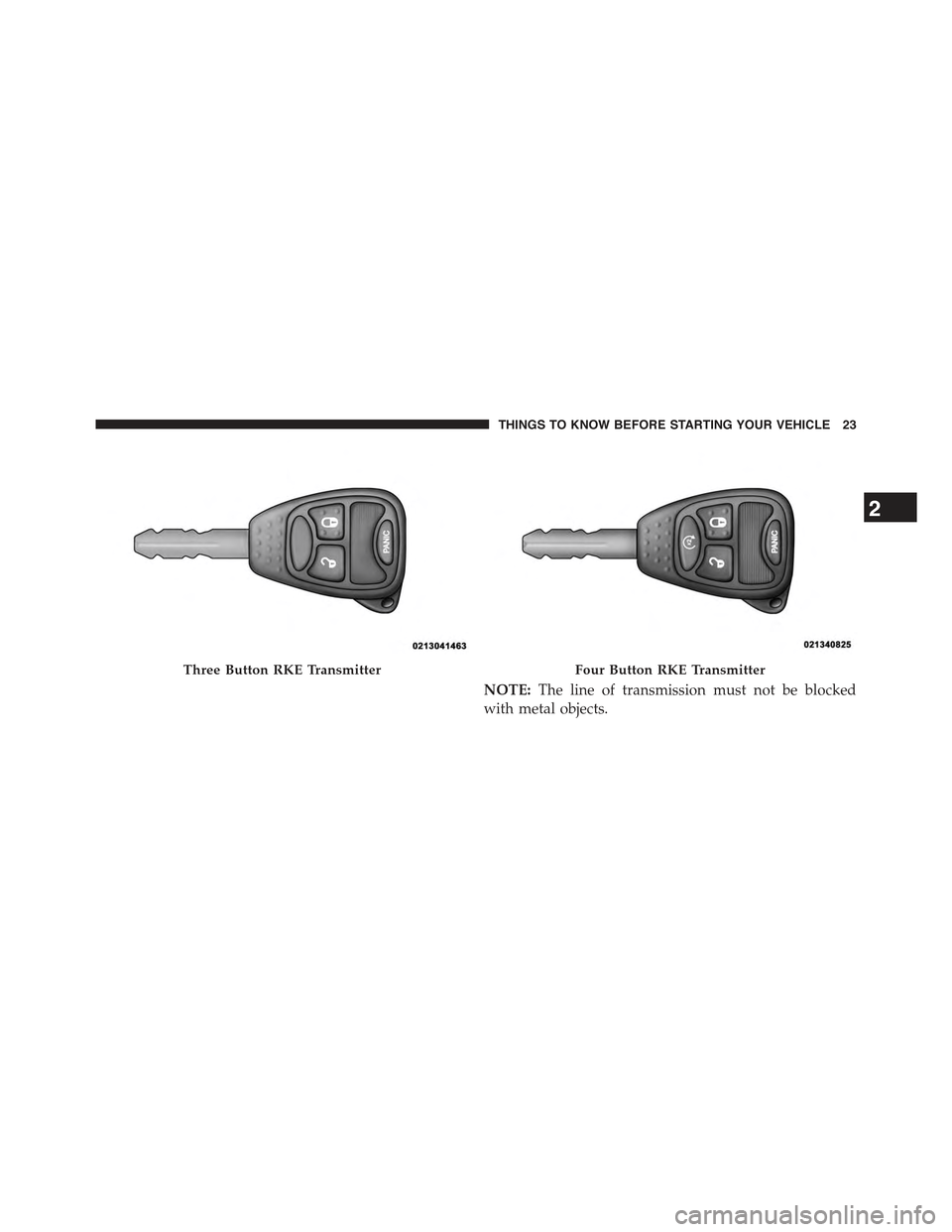 JEEP WRANGLER 2015 JK / 3.G Owners Manual NOTE:The line of transmission must not be blocked
with metal objects.
Three Button RKE TransmitterFour Button RKE Transmitter
2
THINGS TO KNOW BEFORE STARTING YOUR VEHICLE 23 