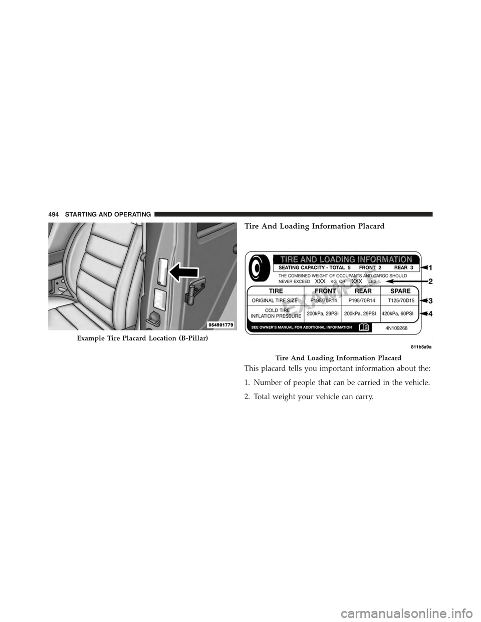 JEEP WRANGLER 2015 JK / 3.G Owners Manual Tire And Loading Information Placard
This placard tells you important information about the:
1. Number of people that can be carried in the vehicle.
2. Total weight your vehicle can carry.
Example Tir