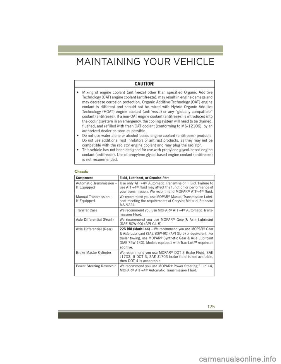 JEEP WRANGLER 2015 JK / 3.G User Guide CAUTION!
• Mixing of engine coolant (antifreeze) other than specified Organic Additive
Technology (OAT) engine coolant (antifreeze), may result in engine damage and
may decrease corrosion protection