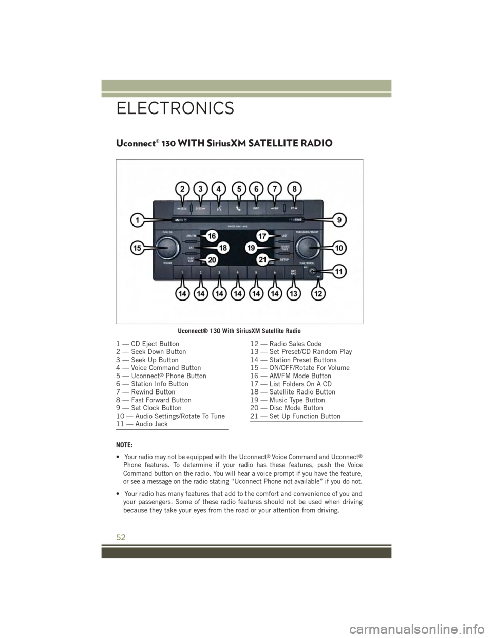 JEEP WRANGLER 2015 JK / 3.G User Guide Uconnect® 130 WITH SiriusXM SATELLITE RADIO
NOTE:
•Your radio may not be equipped with the Uconnect®Voice Command and Uconnect®
Phone features. To determine if your radio has these features, push