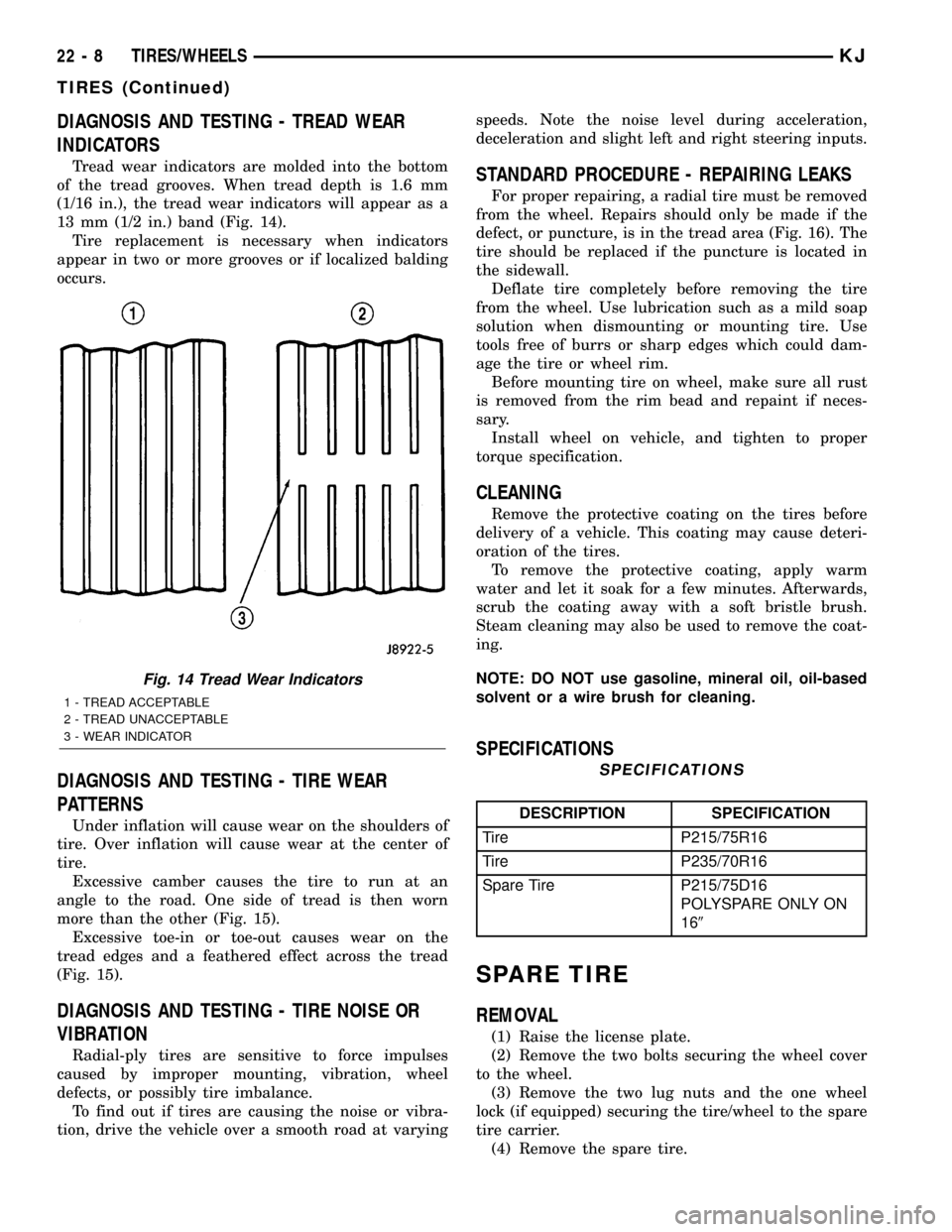 JEEP LIBERTY 2002 KJ / 1.G Workshop Manual DIAGNOSIS AND TESTING - TREAD WEAR
INDICATORS
Tread wear indicators are molded into the bottom
of the tread grooves. When tread depth is 1.6 mm
(1/16 in.), the tread wear indicators will appear as a
1