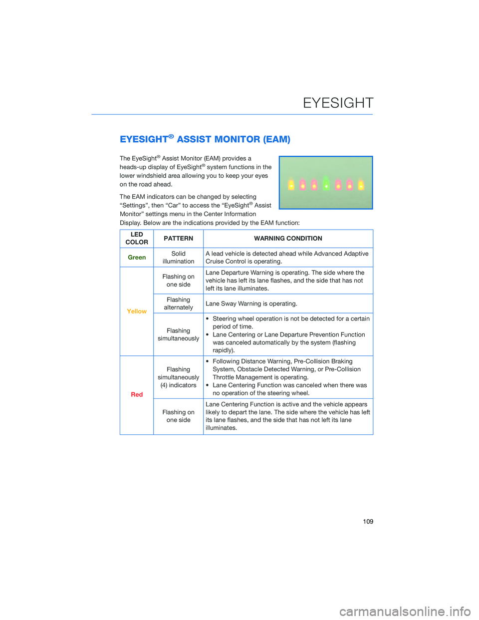 SUBARU OUTBACK 2022  Getting Started Guide EYESIGHT®ASSIST MONITOR (EAM)
The EyeSight®Assist Monitor (EAM) provides a
heads-up display of EyeSight®system functions in the
lower windshield area allowing you to keep your eyes
on the road ahea