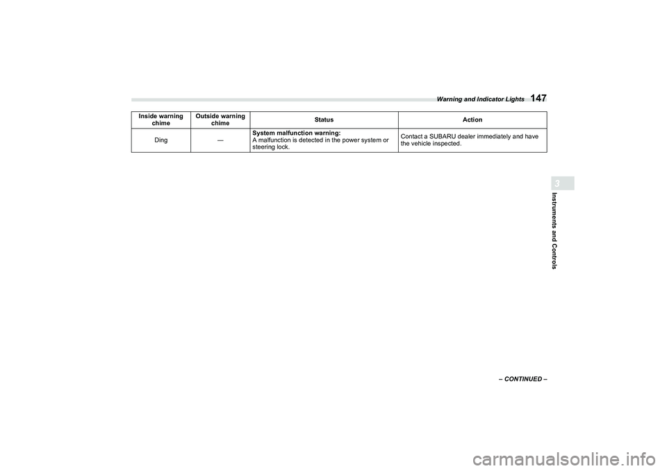 SUBARU BRZ 2022  Owners Manual Warning and Indicator Lights
147
Instruments and Controls3
– CONTINUED –
Ding
―System malfunction warning:
A malfunction is detected in the power system or 
steering lock. Contact a SUBARU deale