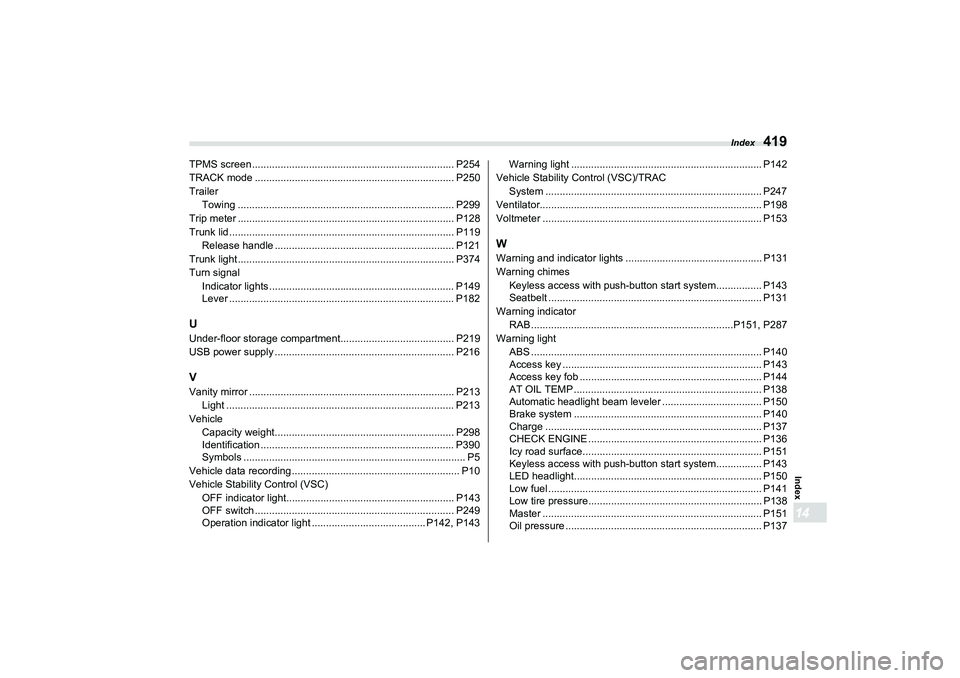 SUBARU BRZ 2022  Owners Manual Index
419
Index14
TPMS screen ....................................................................... P254
TRACK mode ...................................................................... P250
Traile