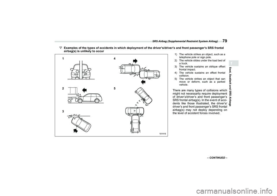SUBARU BRZ 2022  Owners Manual SRS Airbag (Supplemental Restraint System Airbag)
79
Seat, Seatbelt and SRS Airbags1
– CONTINUED –
▽Examples of the types of accidents in  which deployment of the driver’s/driver’s and front