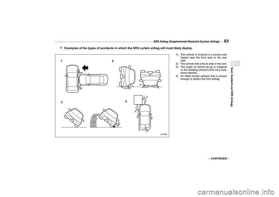 SUBARU BRZ 2022  Owners Manual SRS Airbag (Supplemental Restraint System Airbag)
83
Seat, Seatbelt and SRS Airbags1
– CONTINUED –
▽Examples of the types of accidents in which the SRS curtain airbag will most likely deploy.
10