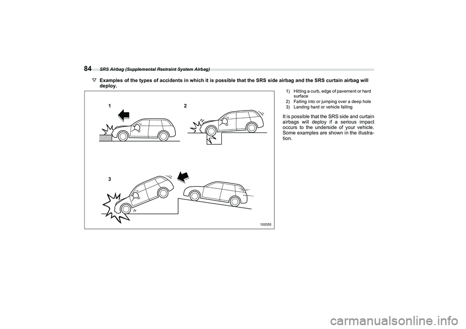SUBARU BRZ 2022  Owners Manual SRS Airbag (Supplemental Restraint System Airbag)
84
▽Examples of the types of accidents in which it is possible that the SRS side airbag and the SRS curtain airbag will
deploy.
1
3 2
102055
1) Hitt