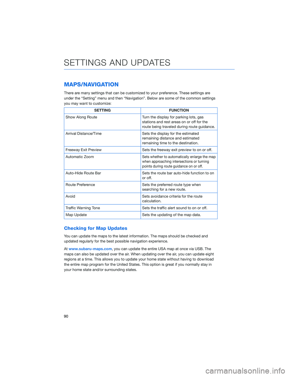 SUBARU LEGACY 2021  Getting Started Guide MAPS/NAVIGATION
There are many settings that can be customized to your preference. These settings are
under the “Setting” menu and then “Navigation”. Below are some of the common settings
you 