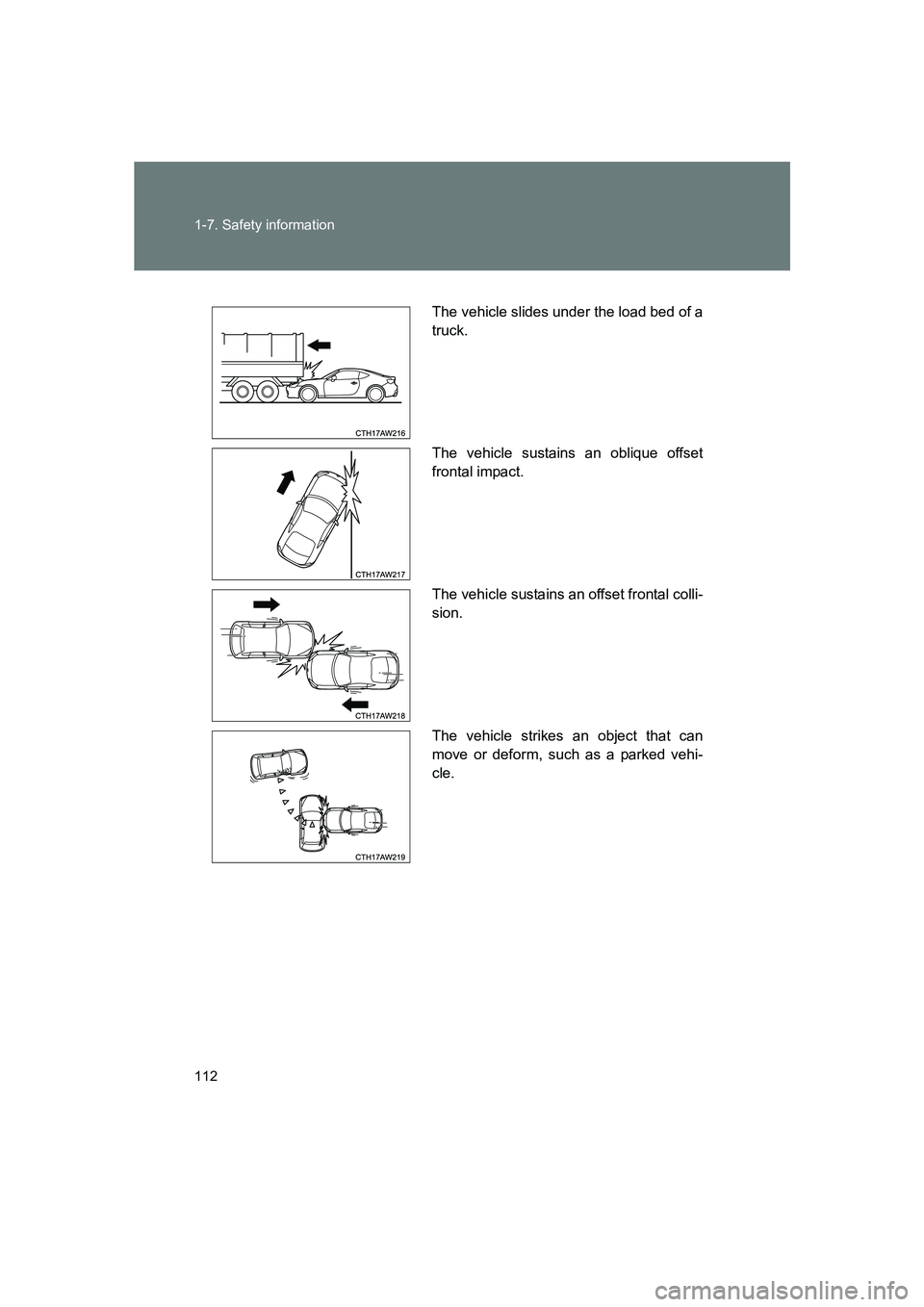 SUBARU BRZ 2020  Owners Manual 112 1-7. Safety information
BRZ_U
The vehicle slides under the load bed of a
truck.
The vehicle sustains an oblique offset
frontal impact.
The vehicle sustains an offset frontal colli-
sion.
The vehic