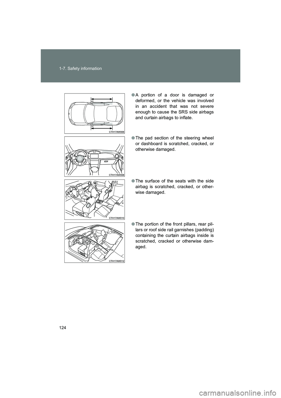 SUBARU BRZ 2020  Owners Manual 124 1-7. Safety information
BRZ_U
●A portion of a door is damaged or
deformed, or the vehicle was involved
in an accident that was not severe
enough to cause the SRS side airbags
and curtain airbags
