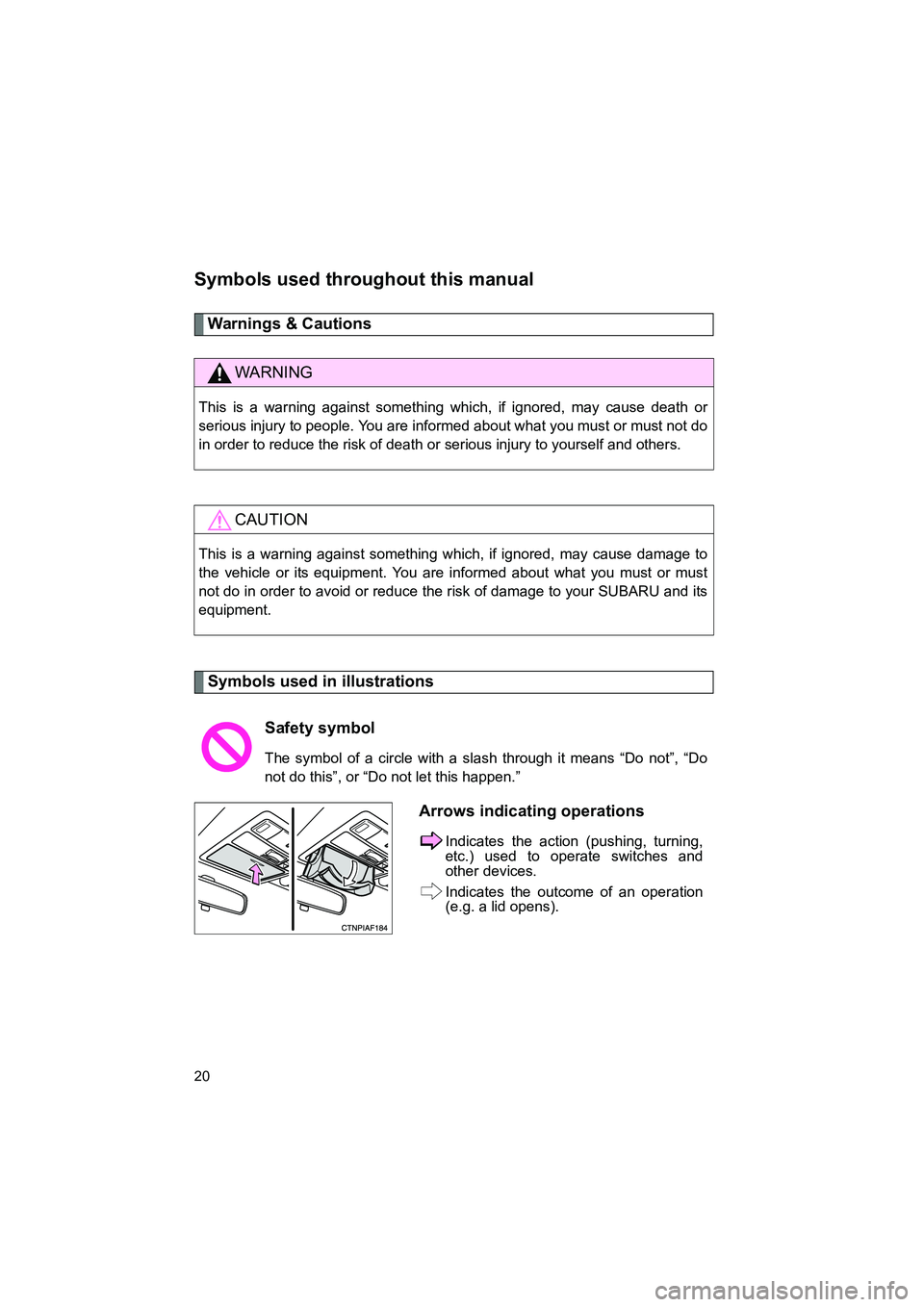 SUBARU BRZ 2020  Owners Manual BRZ_U
20
Symbols used throughout this manual
Warnings & Cautions
Symbols used in illustrations
WARNING
This is a warning against something which, if ignored, may cause death or
serious injury to peopl