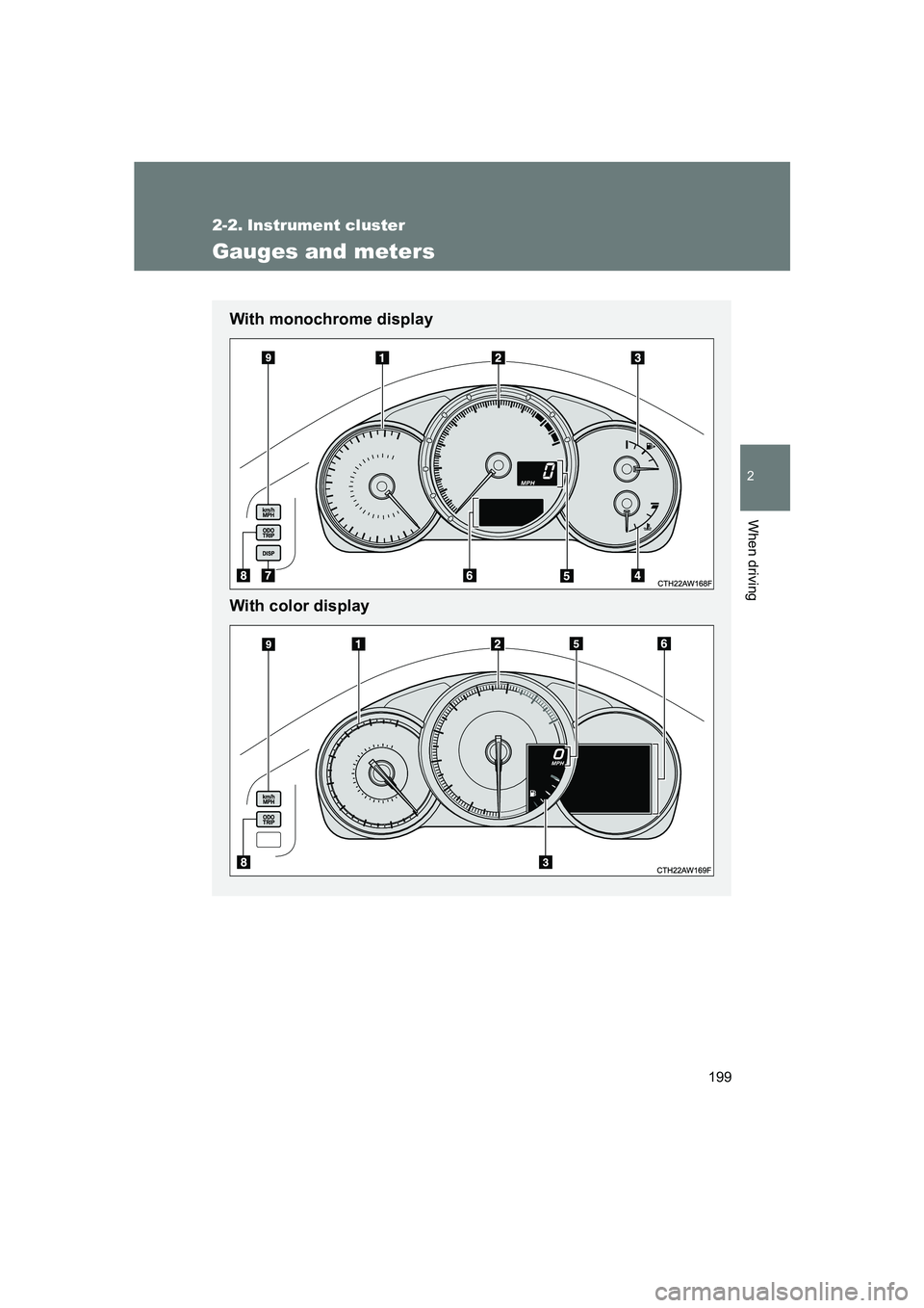 SUBARU BRZ 2020  Owners Manual 199
2
When driving
BRZ_U
2-2. Instrument cluster
Gauges and meters
With monochrome display
With color display 