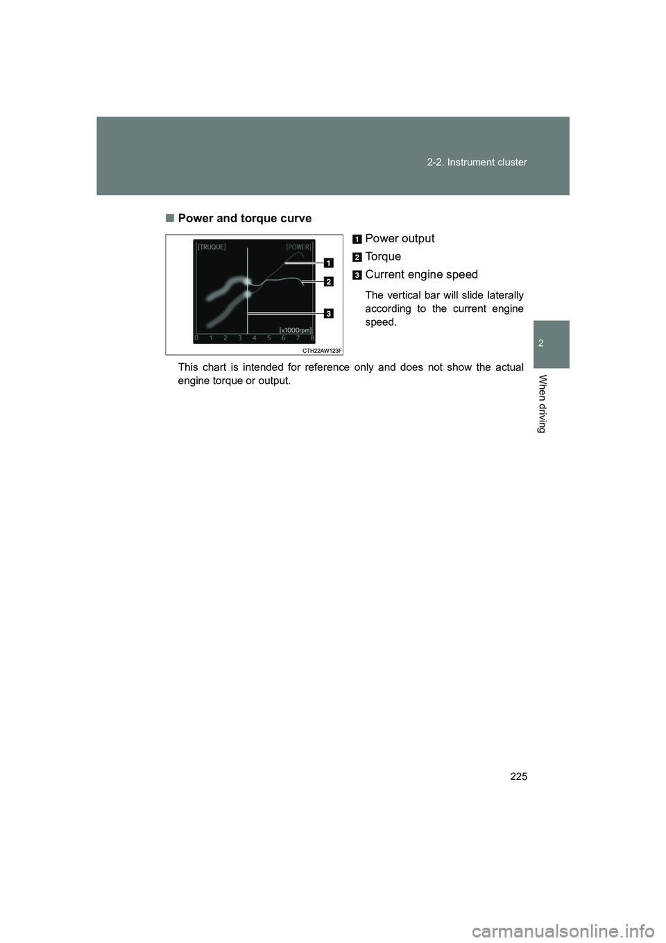 SUBARU BRZ 2020  Owners Manual 225
2-2. Instrument cluster
2
When driving
BRZ_U
■
Power and torque curve
Power output
To r q u e
Current engine speed
The vertical bar will slide laterally
according to the current engine
speed.
Th