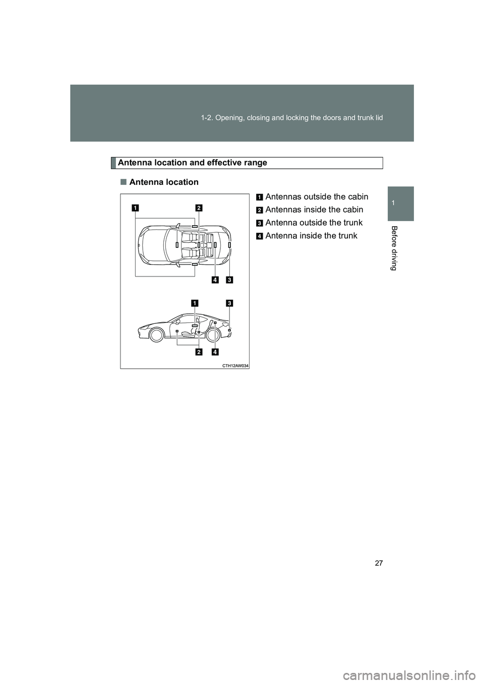SUBARU BRZ 2020  Owners Manual 27
1-2. Opening, closing and locking the doors and trunk lid
1
Before driving
BRZ_U
Antenna location and effective range
■ Antenna location
Antennas outside the cabin
Antennas inside the cabin
Anten