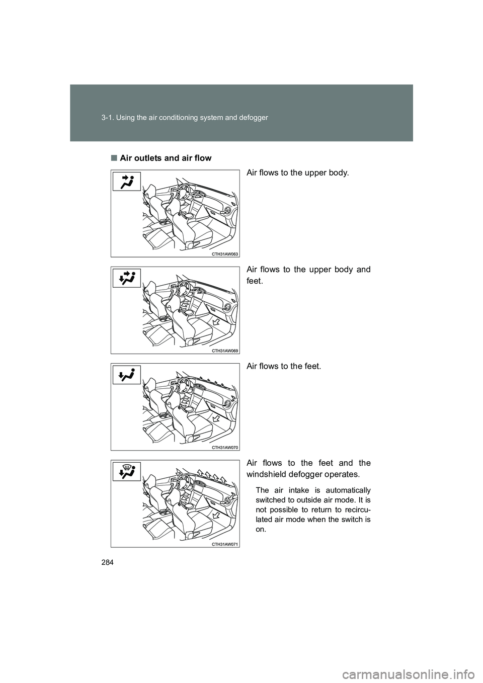 SUBARU BRZ 2020  Owners Manual 284 3-1. Using the air conditioning system and defogger
BRZ_U■
Air outlets and air flow
Air flows to the upper body.
Air flows to the upper body and
feet.
Air flows to the feet.
Air flows to the fee