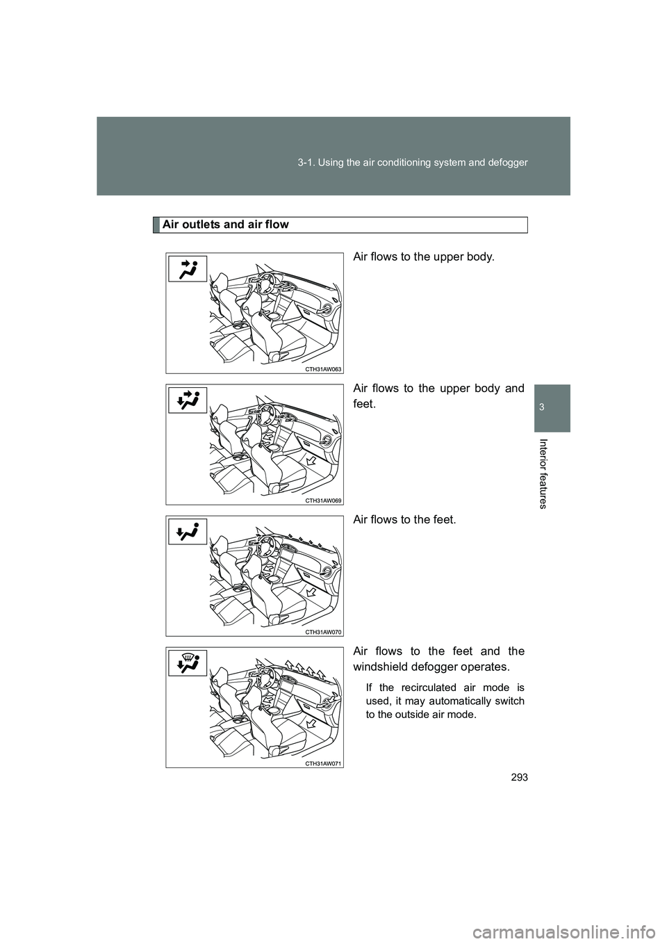 SUBARU BRZ 2020  Owners Manual 293
3-1. Using the air conditioning system and defogger
3
Interior features
BRZ_U
Air outlets and air flow
Air flows to the upper body.
Air flows to the upper body and
feet.
Air flows to the feet.
Air