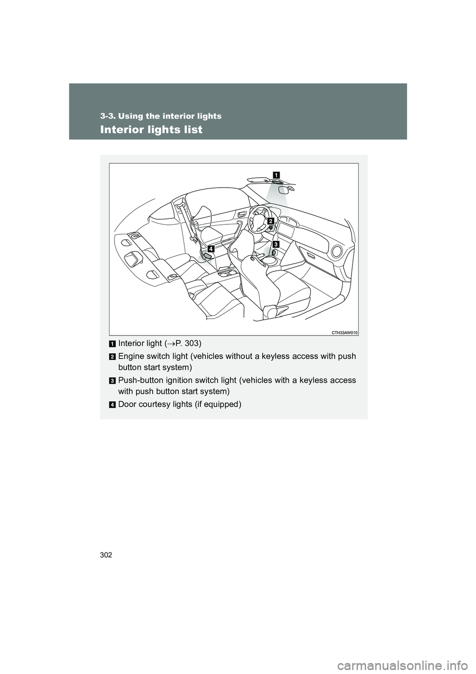 SUBARU BRZ 2020  Owners Manual 302
BRZ_U
3-3. Using the interior lights
Interior lights list
Interior light (→P. 303)
Engine switch light (vehicles without a keyless access with push
button start system)
Push-button ignition swit