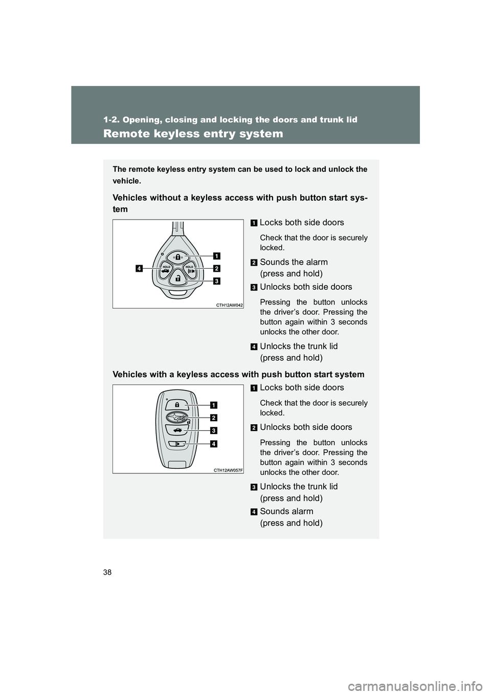 SUBARU BRZ 2020  Owners Manual 38
1-2. Opening, closing and locking the doors and trunk lid
BRZ_U
Remote keyless entr y system
The remote keyless entry system can be used to lock and unlock the
vehicle.
Vehicles without a keyless a