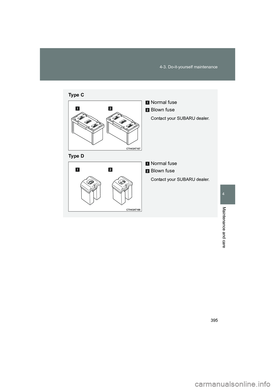 SUBARU BRZ 2020  Owners Manual 395
4-3. Do-it-yourself maintenance
4
Maintenance and care
BRZ_U
Ty p e  C
Normal fuse
Blown fuse
Contact your SUBARU dealer.
Ty p e  DNormal fuse
Blown fuse
Contact your SUBARU dealer. 