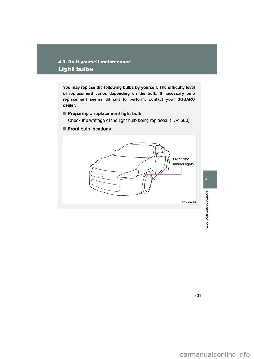 SUBARU BRZ 2020  Owners Manual 401
4-3. Do-it-yourself maintenance
4
Maintenance and care
BRZ_U
Light bulbs
You may replace the following bulbs by yourself. The difficulty level
of replacement varies depending on the bulb. If neces