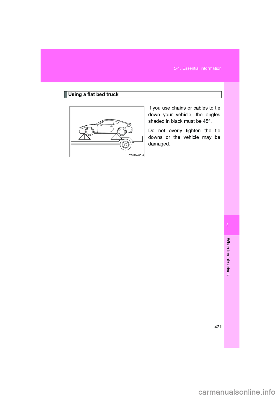SUBARU BRZ 2020  Owners Manual 5
When trouble arises
421
5-1. Essential information
BRZ_U
Using a flat bed truck
If you use chains or cables to tie
down your vehicle, the angles
shaded in black must be 45°.
Do not overly tighten t