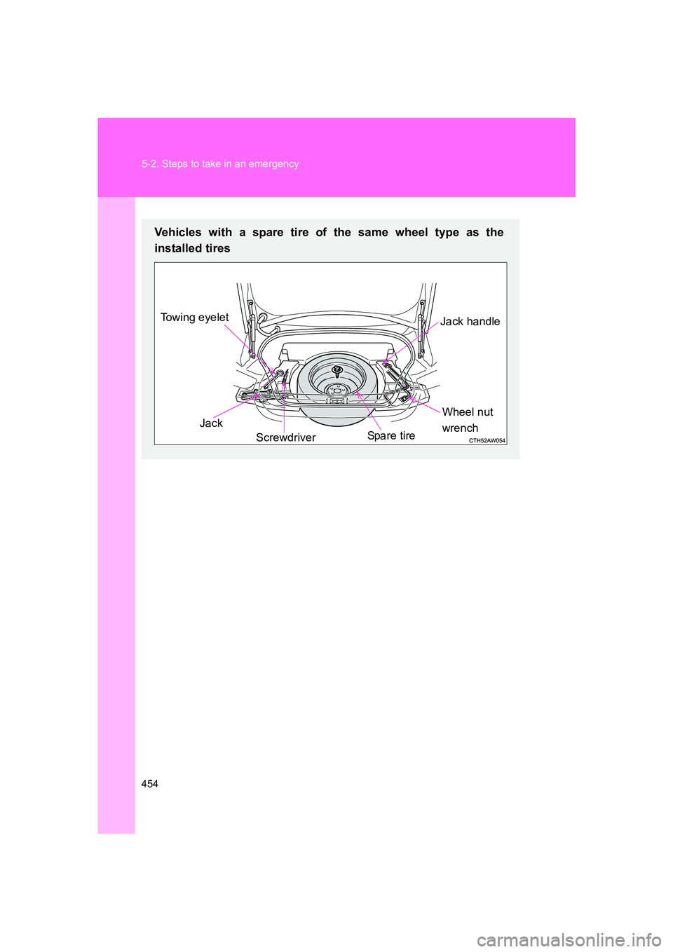 SUBARU BRZ 2020  Owners Manual 454 5-2. Steps to take in an emergency
BRZ_U
Vehicles with a spare tire of the same wheel type as the
installed tires
Jack handle
Spa r e  t i re
Towing eyelet
Screwdriver
Jack
Wheel nut 
wrench 