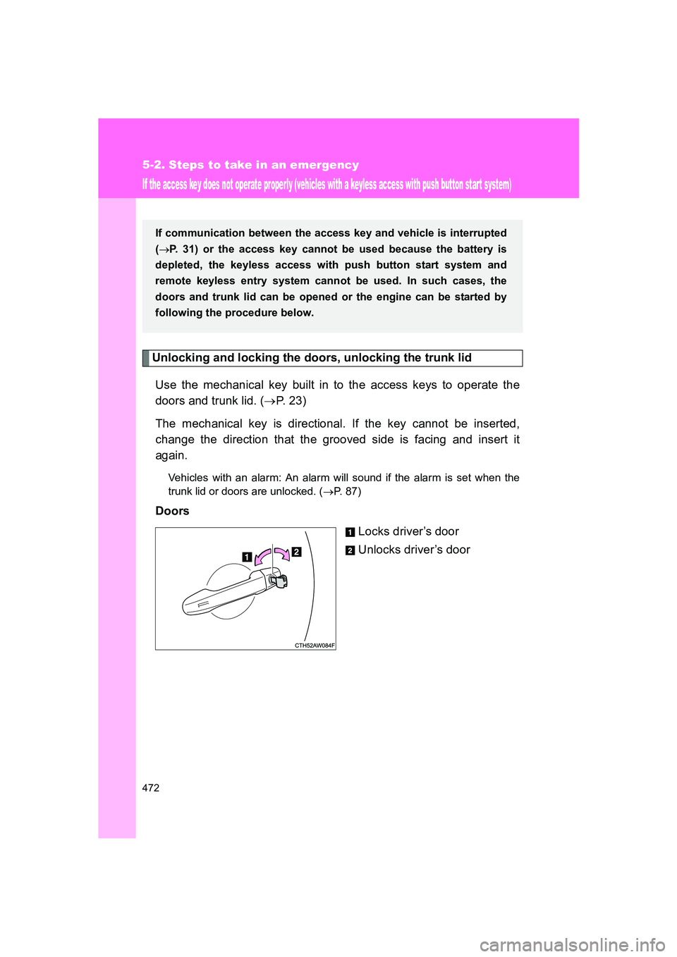 SUBARU BRZ 2020  Owners Manual 472
5-2. Steps to take in an emergency
BRZ_U
If the access key does not operate properly (vehicles with a keyless access with push button star t system)
Unlocking and locking the doors, unlocking the 