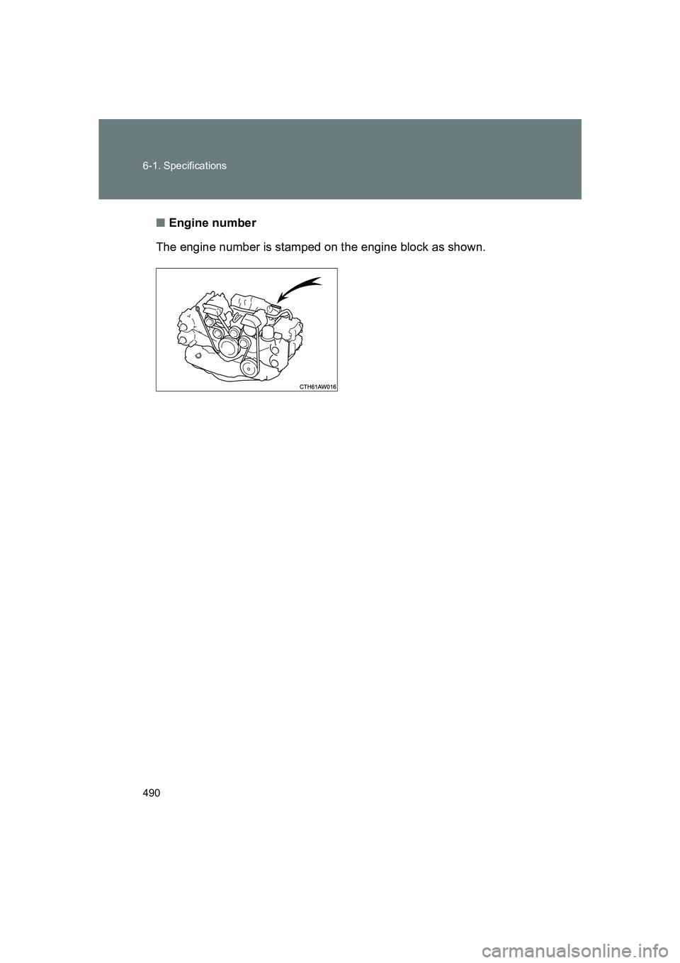 SUBARU BRZ 2020  Owners Manual 490 6-1. Specifications
BRZ_U■
Engine number
The engine number is stamped on the engine block as shown. 