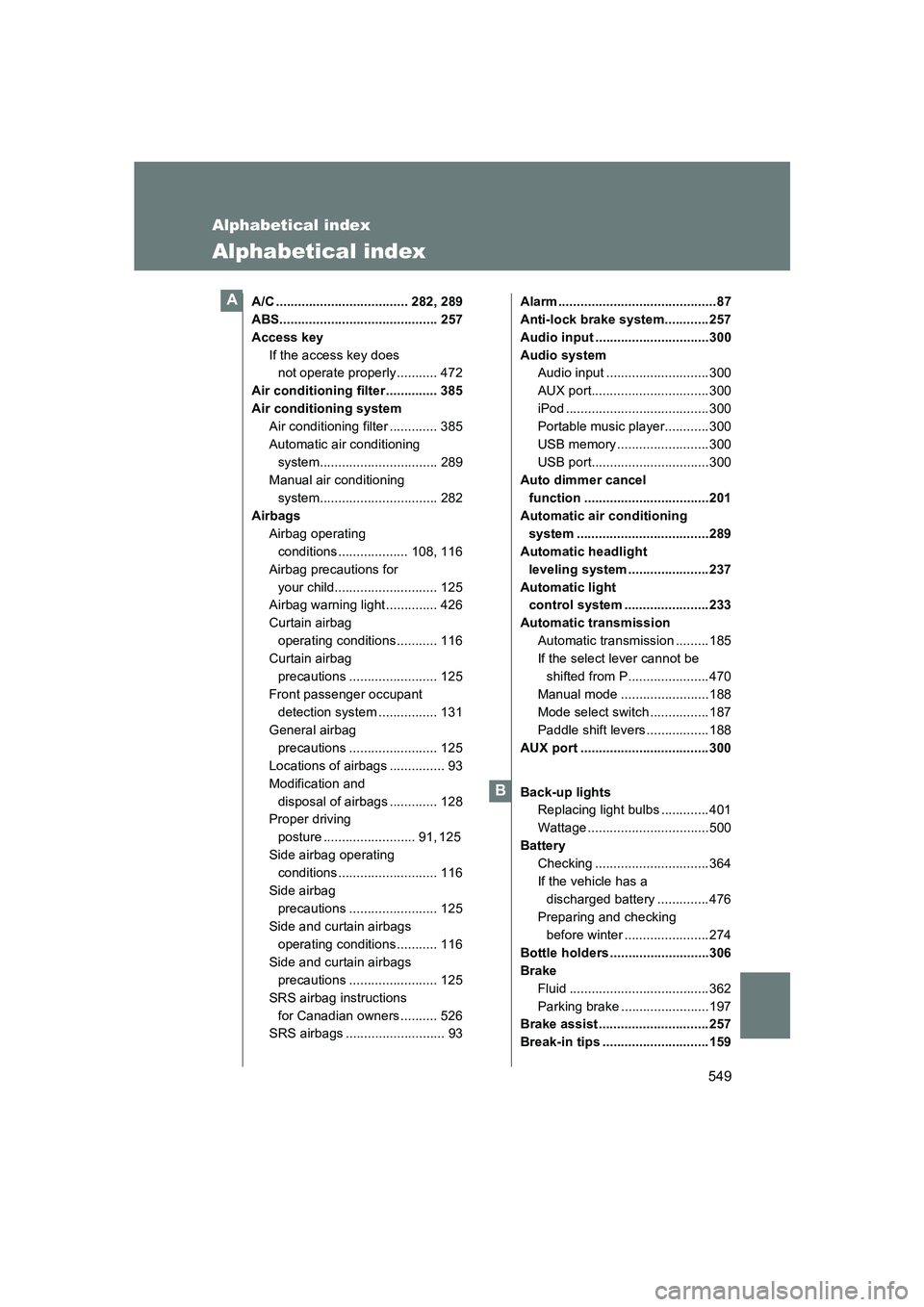 SUBARU BRZ 2020  Owners Manual 549
BRZ_U
Alphabetical index
Alphabetical index
A/C .................................... 282, 289
ABS........................................... 257
Access keyIf the access key does not operate proper