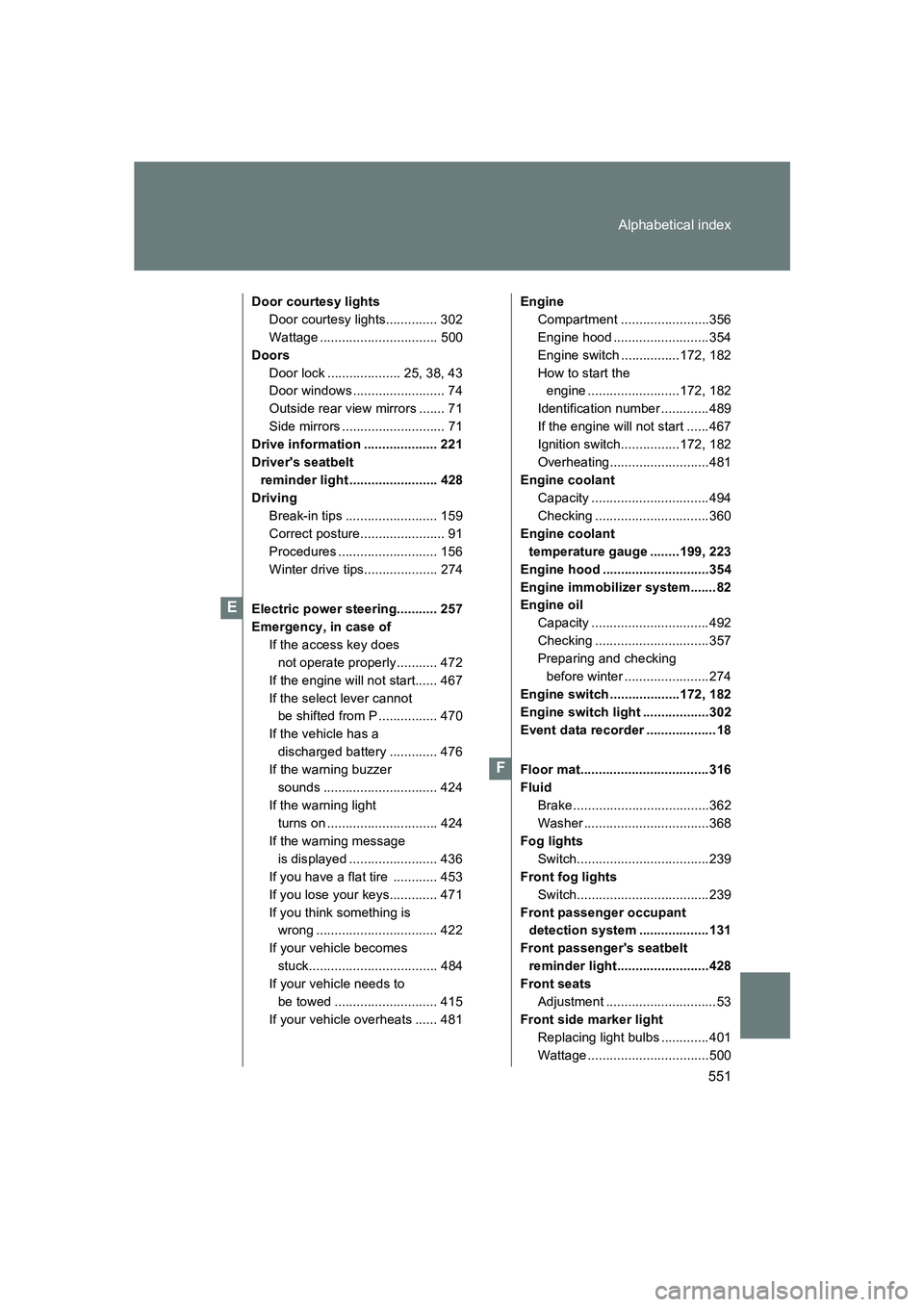 SUBARU BRZ 2020 Owners Manual 551
Alphabetical index
BRZ_U
Door courtesy lights
Door courtesy lights.............. 302
Wattage ................................ 500
Doors Door lock .................... 25, 38, 43
Door windows ..... SUBARU BRZ 2020 Owners Manual 551
Alphabetical index
BRZ_U
Door courtesy lights
Door courtesy lights.............. 302
Wattage ................................ 500
Doors Door lock .................... 25, 38, 43
Door windows .....