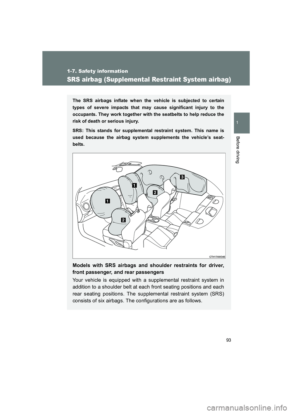 SUBARU BRZ 2020  Owners Manual 93
1
1-7. Safety information
Before driving
BRZ_U
SRS airbag (Supplemental Restraint System airbag)
The SRS airbags inflate when the vehicle is subjected to certain
types of severe impacts that may ca