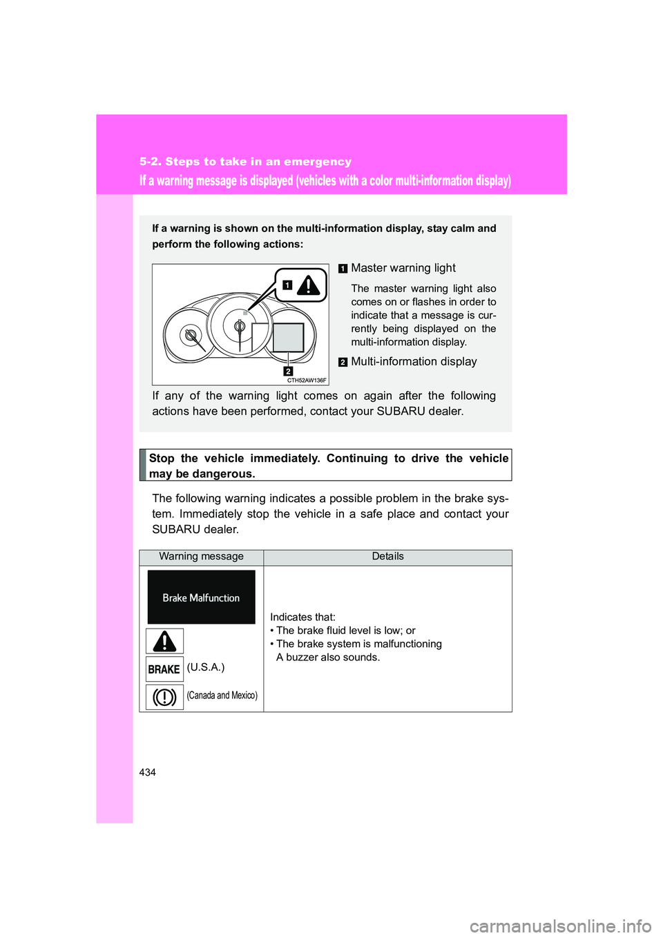 SUBARU BRZ 2019  Owners Manual 434
5-2. Steps to take in an emergency
BRZ_U
If a warning message is displayed (vehicles with a color multi-infor mation display)
Stop the vehicle immediately. Continuing to drive the vehicle
may be d