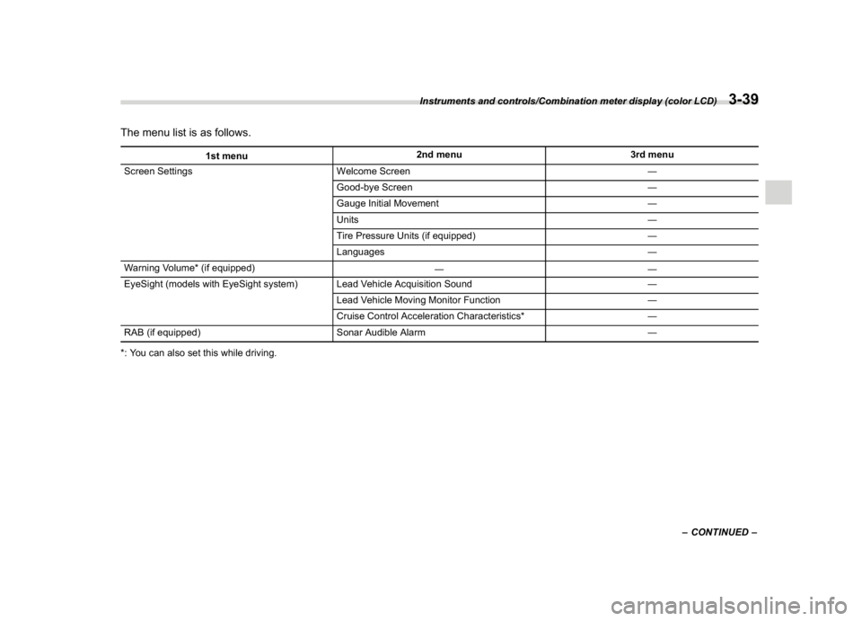 SUBARU CROSSTREK 2018  Owners Manual (177,1)
北米Model "A1320BE-C" EDITED: 2017/ 10/ 10
The menu list is as follows.
1st menu2nd menu 3rd menu
Screen Settings Welcome Screen―
Good-bye Screen―
Gauge Initial Movement―
Units―
Tire